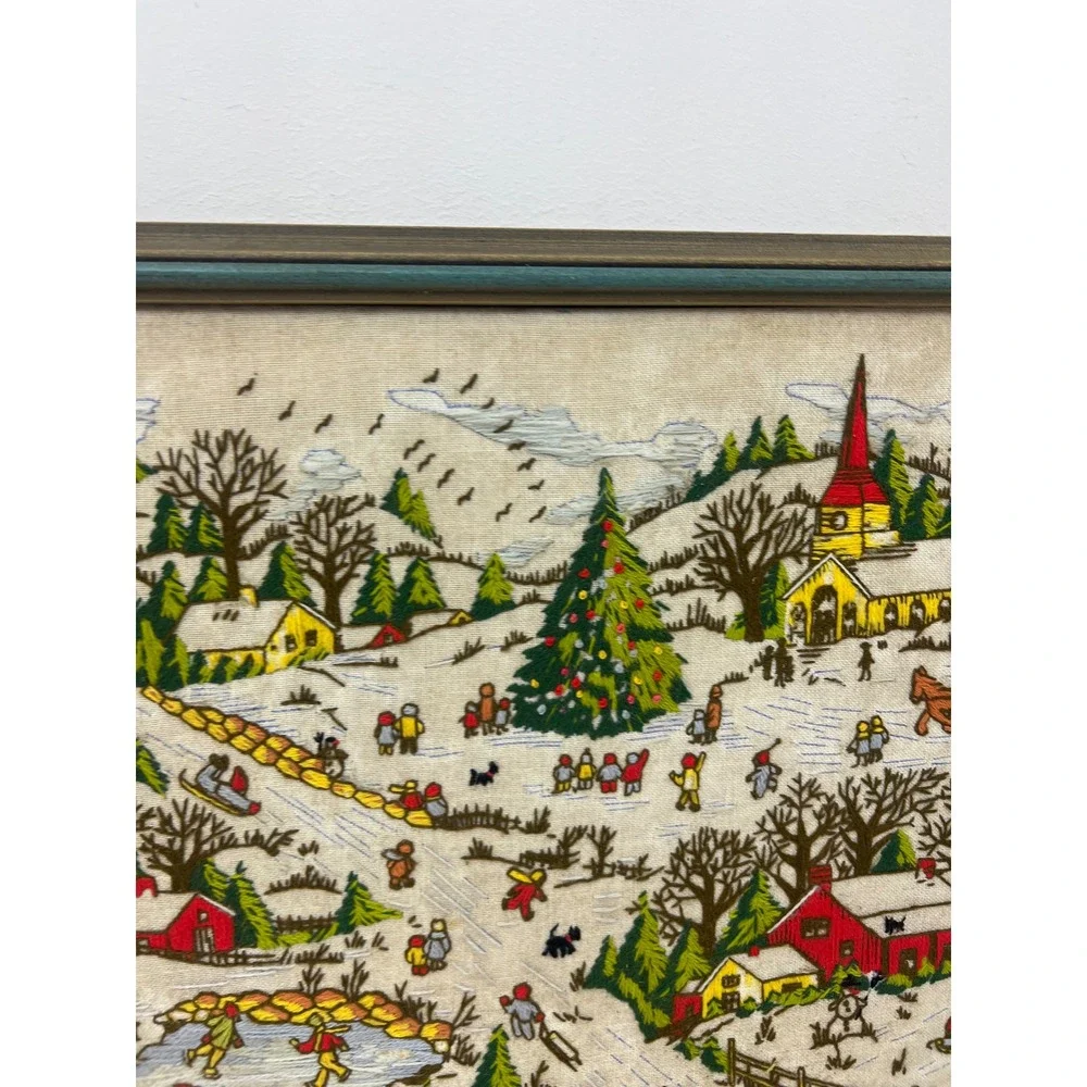 Vintage Framed Crewel Embroidery Winter Village Landscape Wood Frame Grannycore